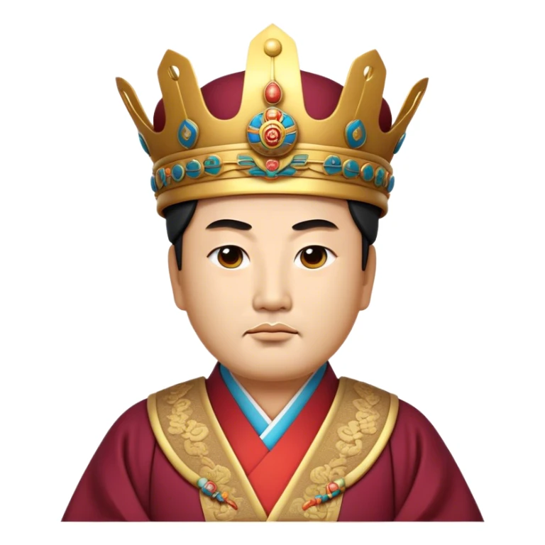 Cinematic Realistic King Sejong Portrait Emoji, depicted as a wise benevolent monarch in traditional Korean royal attire with a thoughtful gaze, rendered with intricate textures and regal soft lighting that captures his historical significance. sticker
