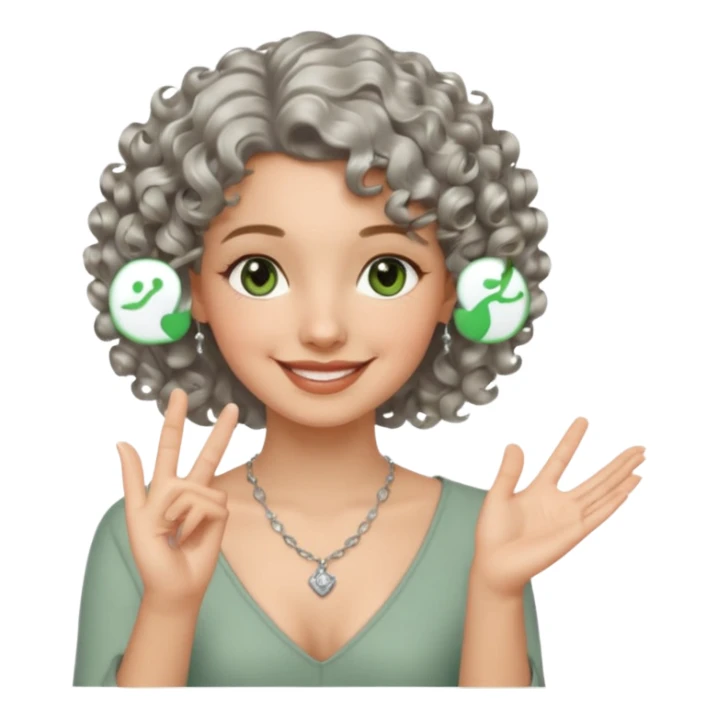 silver, short, wavy-haired with curls, smiling pretty lady, hopeful with fingers crossed on one hand, green/brown eyes sticker