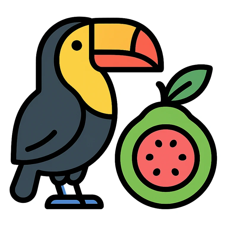 toucan standing next to a guava fruit sticker