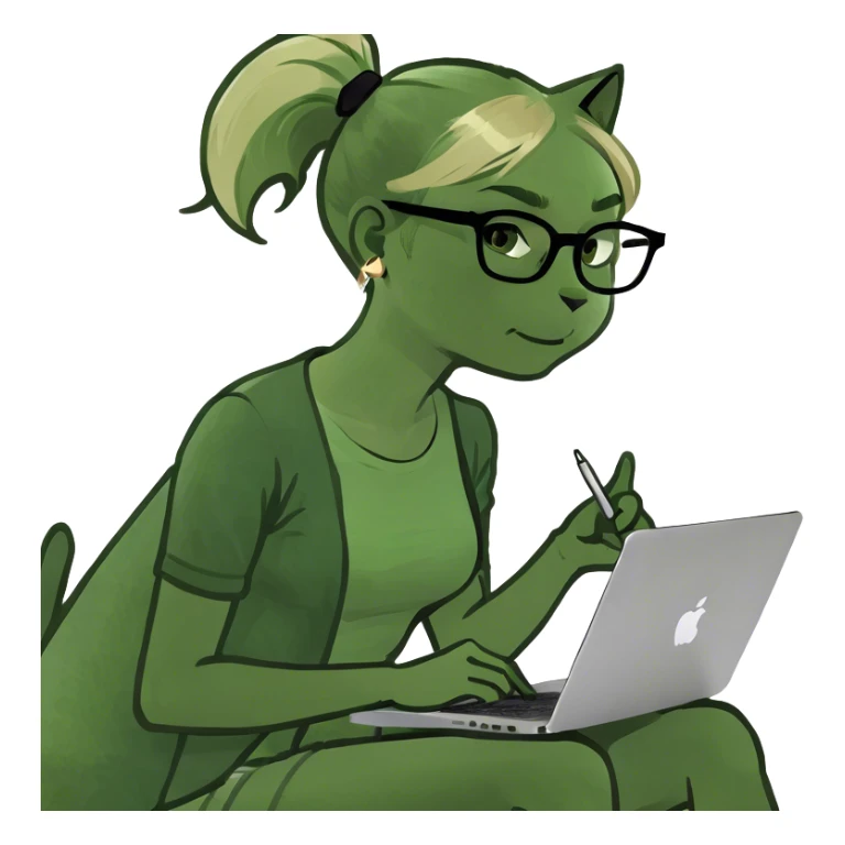 Blonde woman ponytail green eyes with cat and MacBook sticker