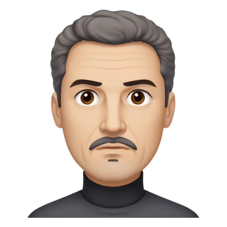 Man in his 50s with light brown complexion. Strong square jaw. Stern dark eyes with intense gaze. Thick eyebrows in a focused expression. Black goatee with gray streaks. Short curly dark hair with receding hairline. No smile, authoritative look. Wearing a black turtleneck. sticker