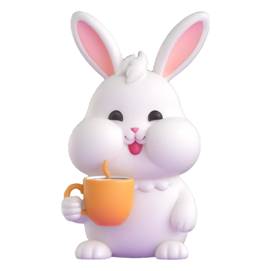 fluffy cream bunny with teardrop eyes holding a coffee mug, cozy soft background sticker