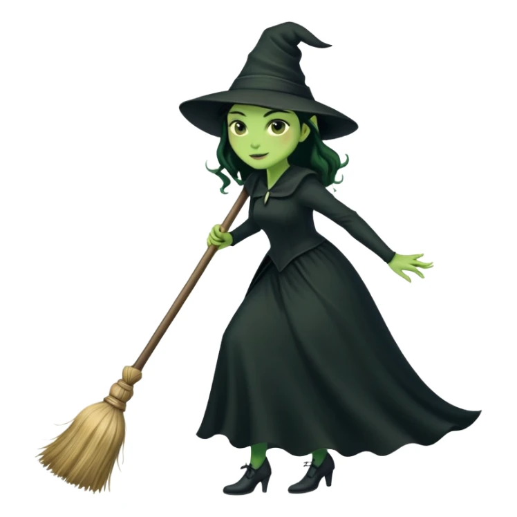 Elphaba, green witch with black hat and long black dress riding a broomstick sticker