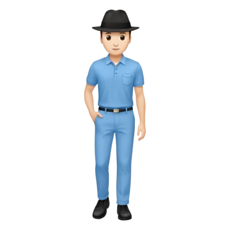 Framed portrait black fedora light blue polo and pants black shoes gradient background sticker