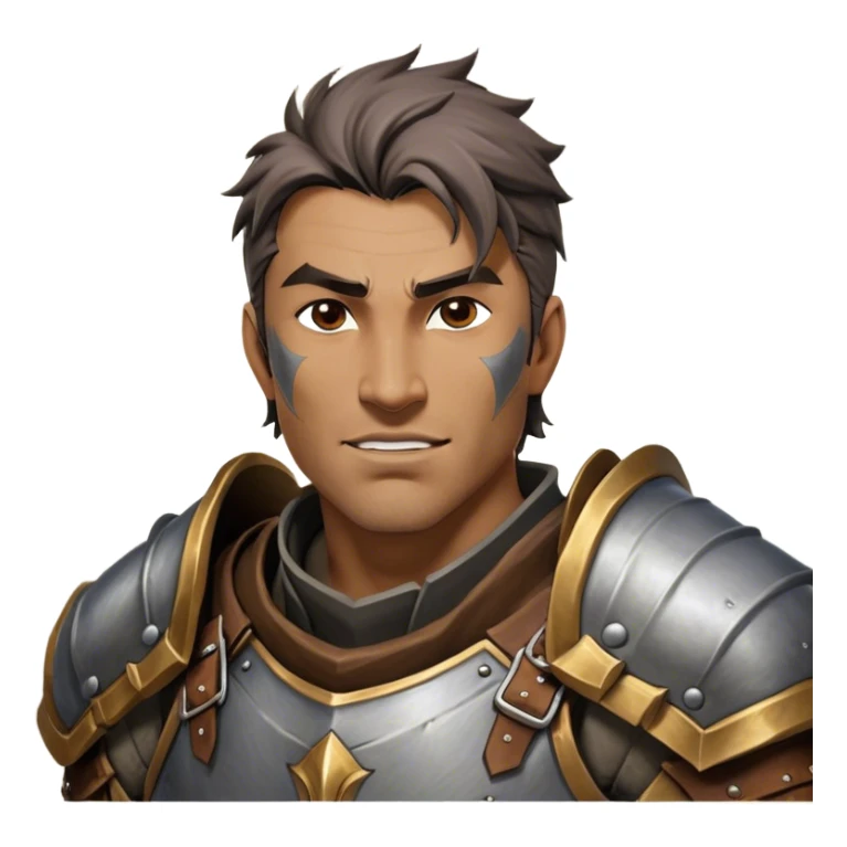 Cinematic Realistic WoW Human Warrior Portrait, head tilted dramatically with an exaggeratedly amused expression, blending rugged heroism with a hint of lighthearted charm. His chiseled face, framed by meticulously rendered steel armor and leather accents in consistent greys and bronzes, is brought to life with dynamic lighting and high shine, dramatic yet whimsical, capturing the essence of a warrior whose epic might is coupled with an approachable, playful demeanor. sticker