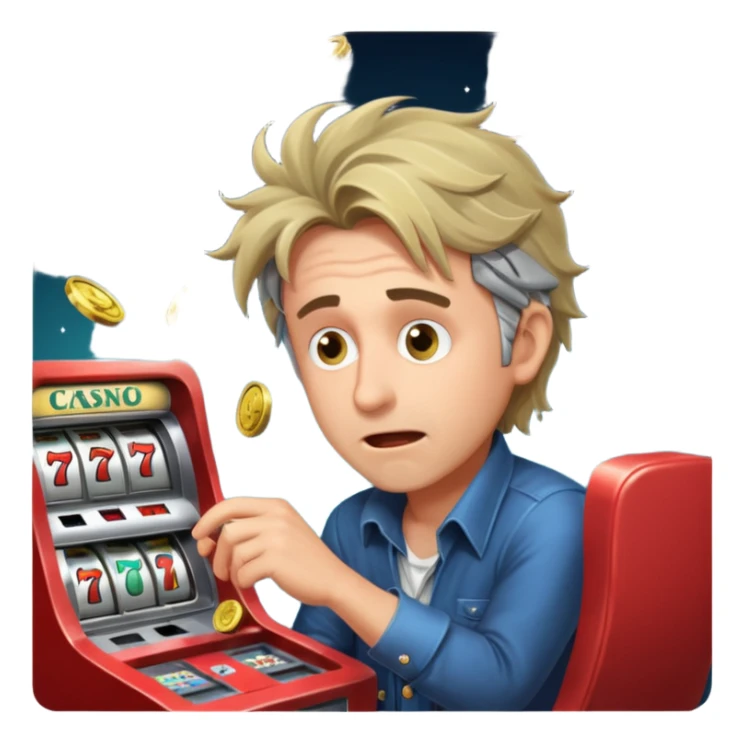 disheveled man losing money at a slot machine, panicked face, coins flying sticker