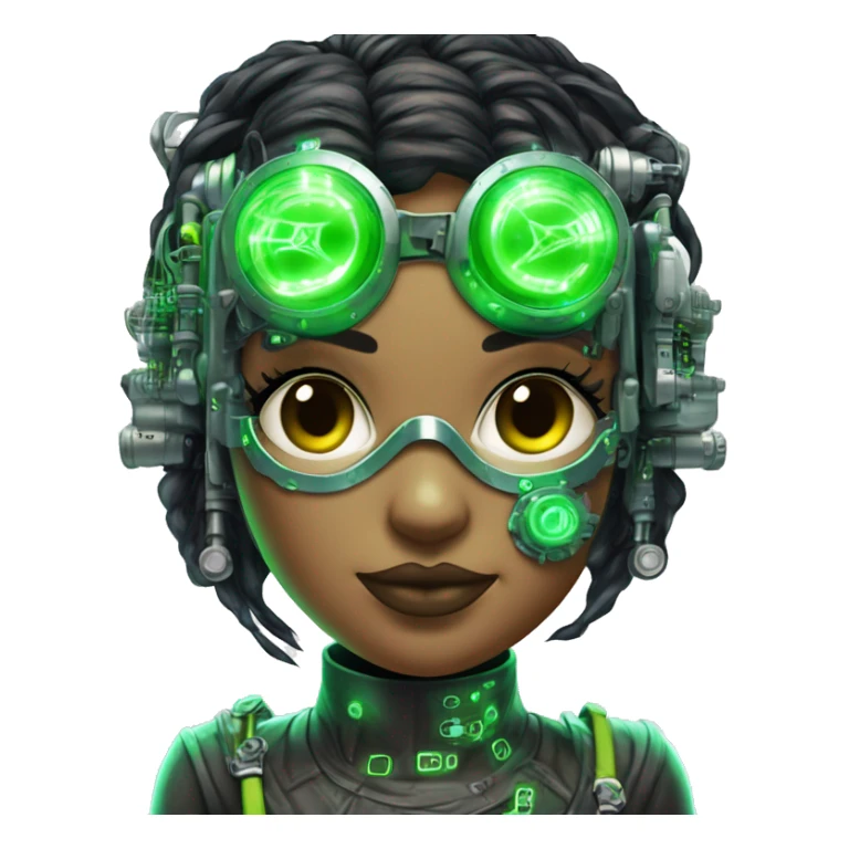 Neon green bobbed hair Latina female cyborg head with silver steampunk goggles and circuits sticker