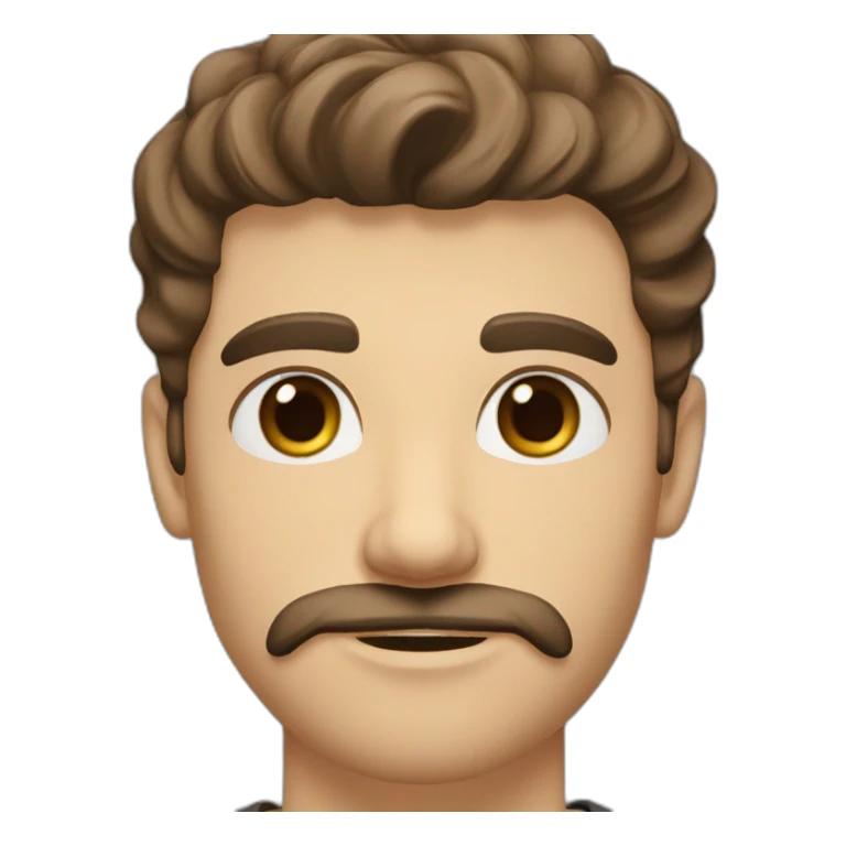 A young Caucasian man with dark brown eyes, almond-shaped eyes, short dark brown hair, and a small dark brown beard with a more prominent mustache. sticker