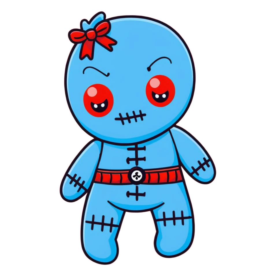 A Carolina blue voodoo doll with red stitching and buttons for eyes, with several pins stuck in it sticker