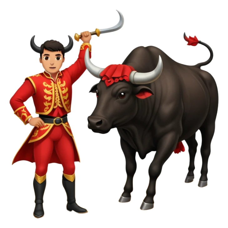 Create a realistic image of a traditional bullfighting scene in a Spanish arena.
Show a bullfighter (matador) HOLDING a red cape (muleta) not wearing one. as a powerful black bull charges toward it. sticker