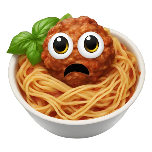 spaghetti with meatballs in a bowl with basil sticker