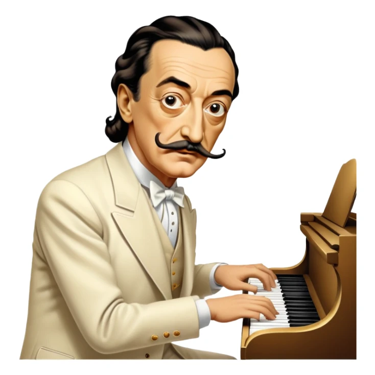 Salvador Dali with his iconic mustache playing a piano sticker