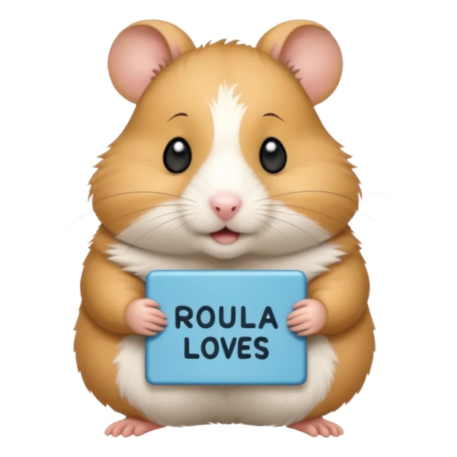 Hamster with a sign that says “ROULA LOVES IBRAHIM MORE” sticker