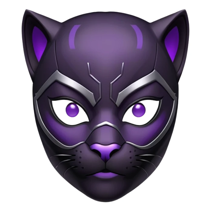 Black Panther superhero face only, black cat-like mask, subtle purple glow sticker