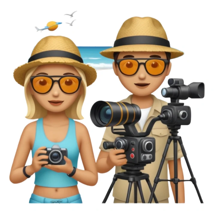 a film crew with camera equipment at a beach, overseas filming sticker