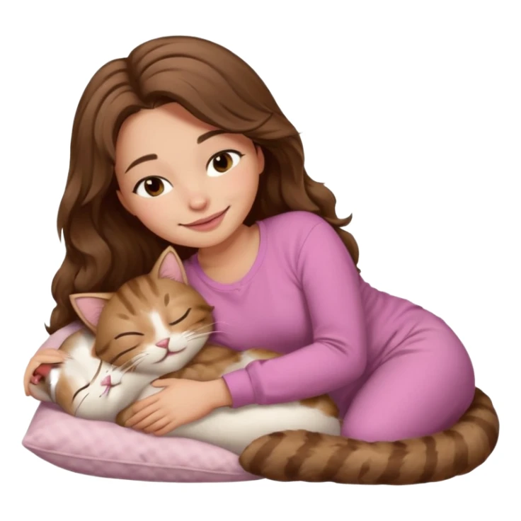 girl with wavy long brown hair, brown eyes, light to medium complexion, long lashes, light pink lipstick, smiling, wearing light pink shirt, sleeping on a cozy pillow, with brown tabby cat  sticker