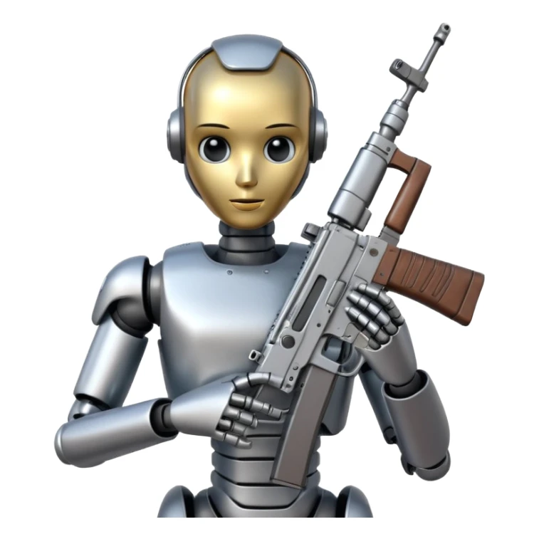 An AI humanoid robot looking smart and holding an AK-47 sticker
