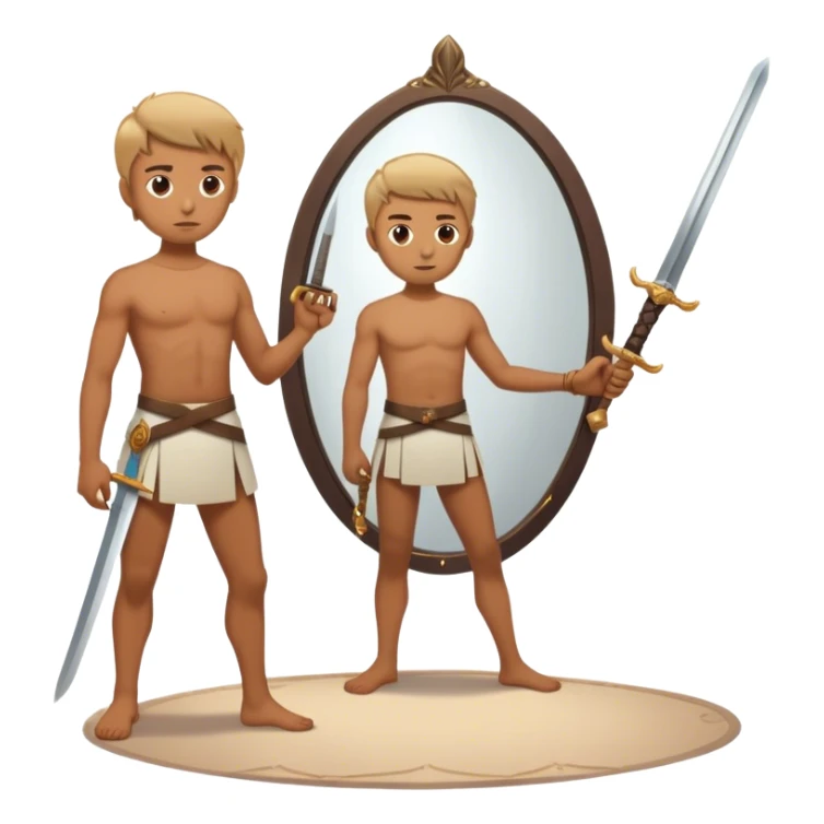 A person standing in front of a mirror, looking, while a sword on the floor. The mirror represents self-awareness and acceptance sticker