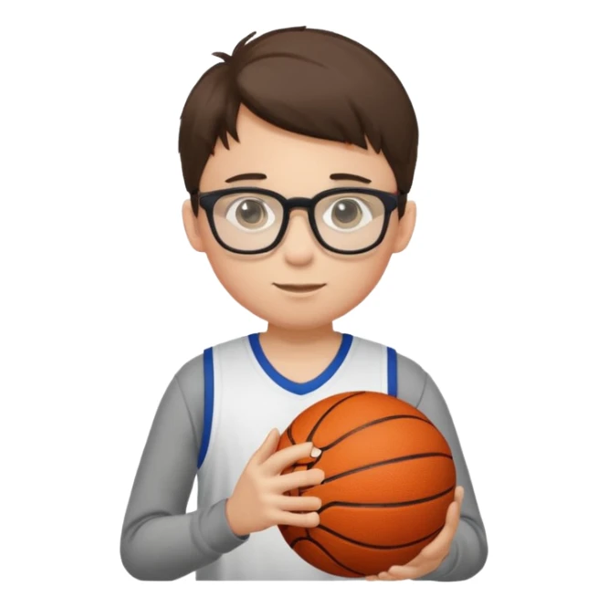 a boy with a glasees with a basketball ball on the hand sticker