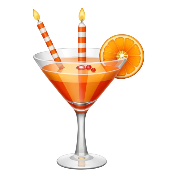 An orange fruit, not a drink, with a horizontal red stripe around the middle. 4 vertical cocktail sticks in the orange with small pieces of candy on the sticks. On top of the orange a small white lit candle. sticker