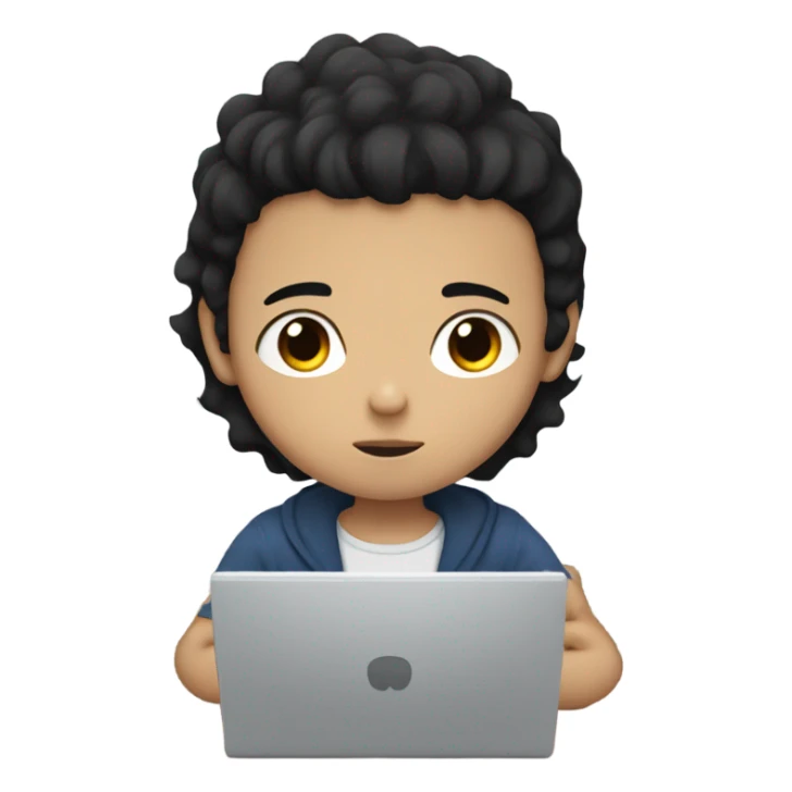 Boy with black hair and black eyes and light skin looking at the computer sticker