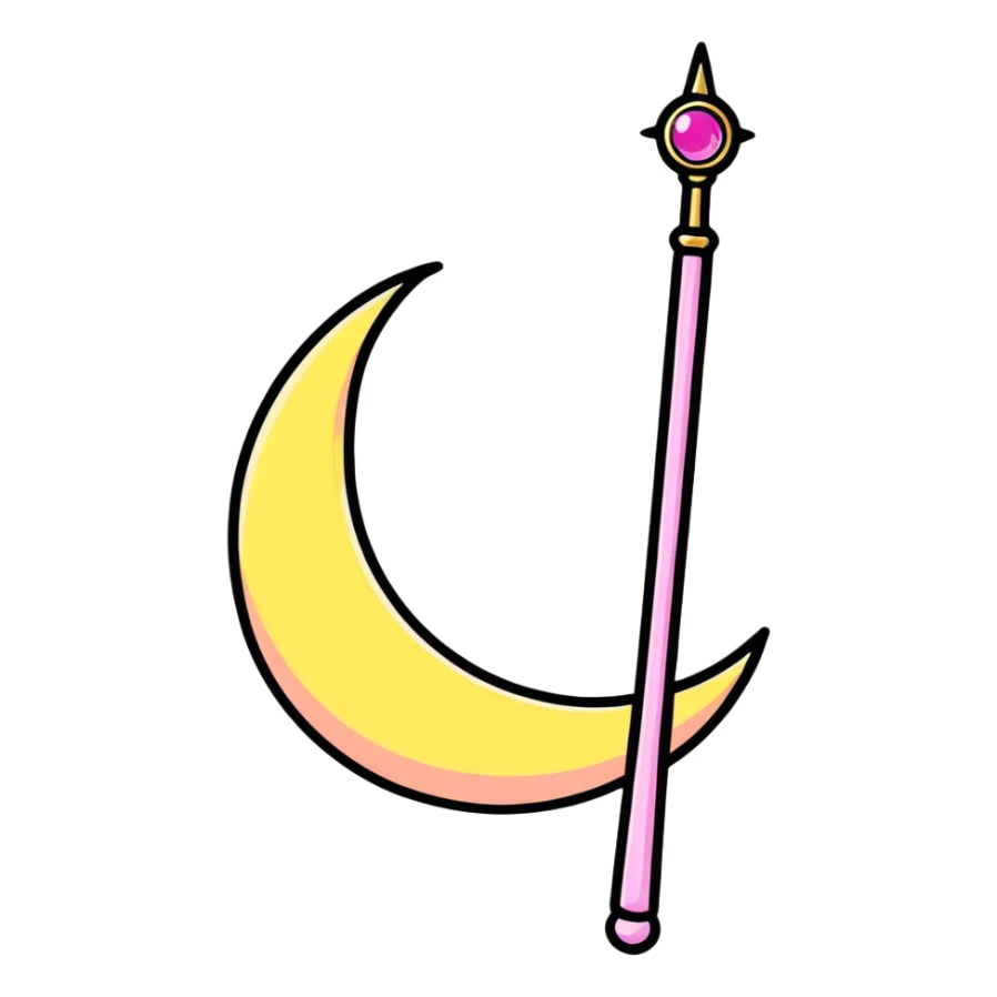 Sailor Moon's Moon Stick magical wand with a golden crescent moon and pink gem, magical anime style sticker
