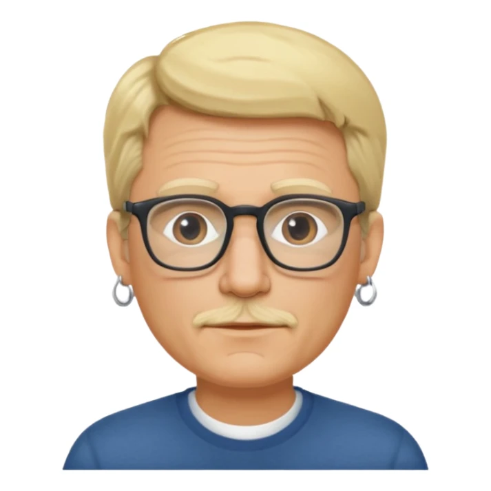 blond middle aged man wearing  big earrings, wearing glassess, with no beard sticker