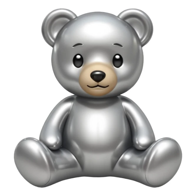 A cute teddy bear emoji made of liquid silver chrome, smooth rounded body, glossy metallic surface, soft reflections, friendly proportions, iOS emoji style, centered, clean white background sticker