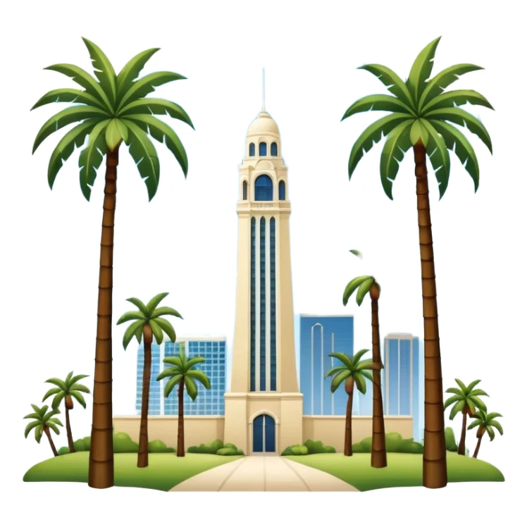California Tower landscape in San Diego with palm trees, simple, inspired by reference photo, landscape version 4, white background sticker
