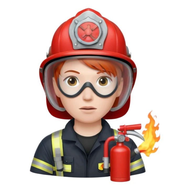 red haired Firefighter with respiratory protection with fire extinguisher sticker