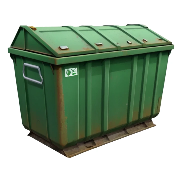 a green closed dumpster, No trash, BOTH THE LIDS CLOSED sticker