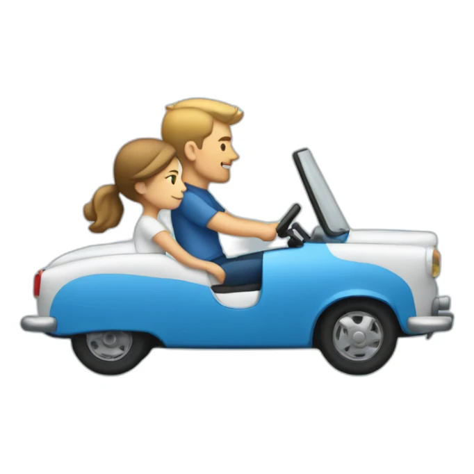 white man and white woman riding blue car sideview sticker