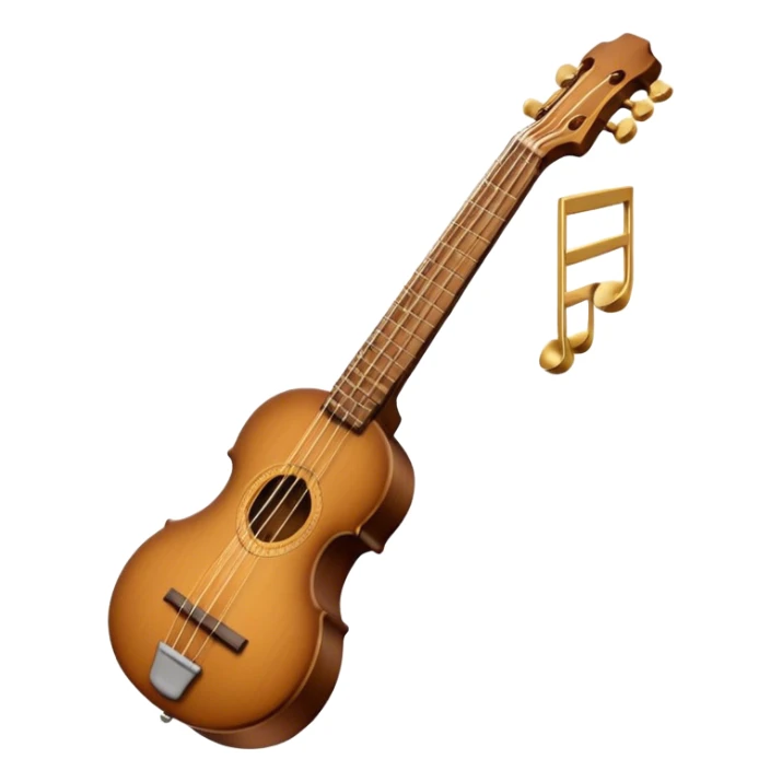 Create an elegant and traditional emoji representing a domra. The design should feature the round, wooden body of the domra with its distinct 3 strings. Include delicate details like the tuning pegs, the fingerboard, and the bridge. The wood of the domra should have a rich, warm tone, and the strings should be subtly highlighted to show their importance. Add a small musical note or two floating around to evoke the folk music it is used for. Use earthy tones like brown and gold to emphasize its classic, rustic feel. The background should be transparent. sticker