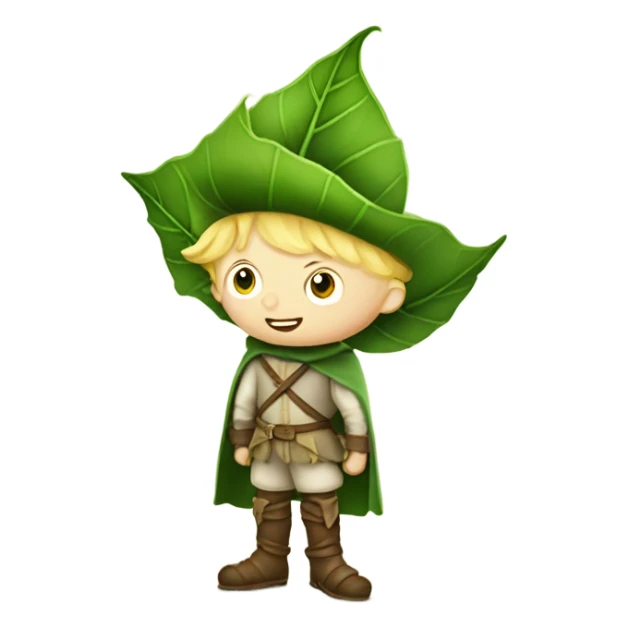 whimsical fairytale medieval pale boy who is tiny and wearing a giant leaf hat and big boots sticker