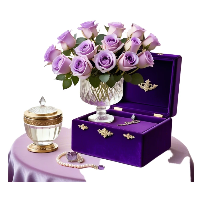 A romantic still life featuring a bouquet of freshly bloomed light violet Ascott tea roses arranged in a crystal vase, accompanied by a deep purple velvet jewelry box partially opened, revealing a pearl necklace inside. A gentle lavender butterfly flutters near the flowers, adding a dreamy touch. An elegant ivory silk ribbon is loosely draped around the arrangement, leading towards an ornate vintage-style perfume flacon in soft pearlescent tones, radiating an air of timeless sophistication sticker