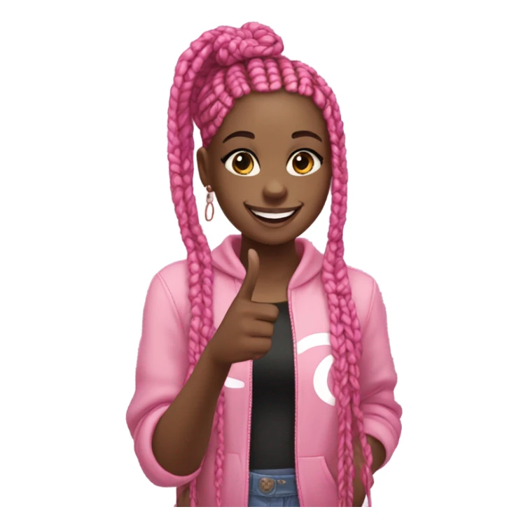 black girl with black and pink box braids holding up a peace sign sticker