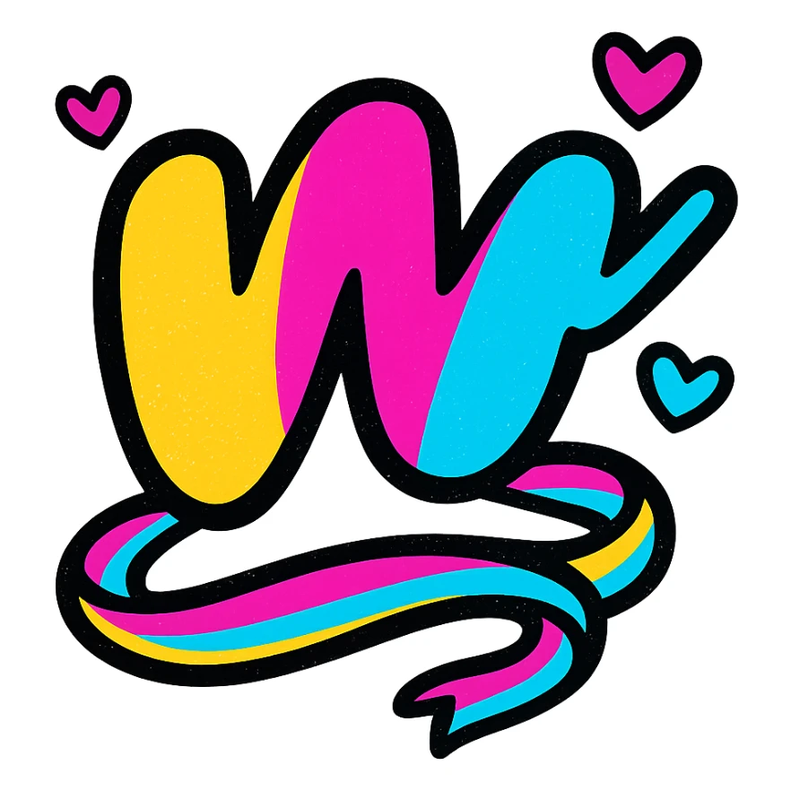 vibrant, color-filled Wattpad logo 'w' with thick contour, strong shadows, shiny highlights, colorful ribbon curling around the base, a few small hearts, no background sticker