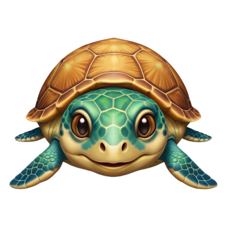 Cinematic Cute Sea Turtle Portrait Emoji, Head tilted playfully and inquisitively, featuring a charming, compact form with a beautifully patterned, domed shell and gentle, sparkling eyes full of oceanic wonder, Simplified yet irresistibly adorable features, highly detailed, glowing with a warm, friendly sea glow, high shine, affectionate and lively, stylized with a touch of whimsical marine charm, soft glowing outline, capturing the essence of a mischievous yet loving sea turtle that seems as if it could swim out of the screen into your arms! sticker