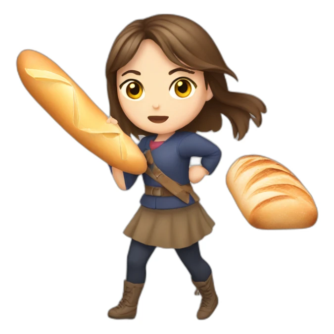 Brown hair girl fighting with baguette sticker