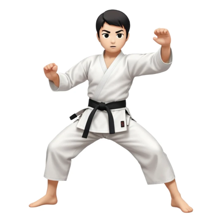 A disciplined karateka in white gi and black belt, performing a mid-side kick pose, calm facial expression with focused eyes, minimal but powerful, traditional Japanese dojo feel sticker