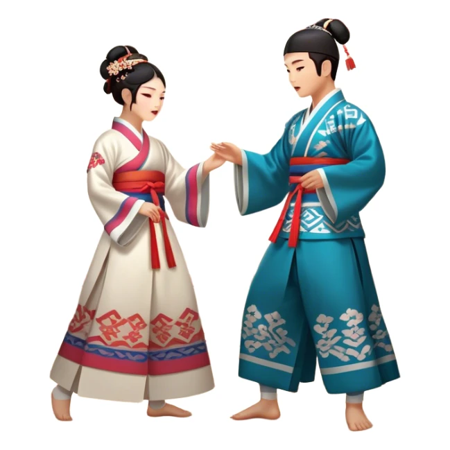 Cinematic Realistic scene of two performers engaging in Ganggangsullae, dressed in traditional Korean costumes with intricate patterns and graceful movements, illuminated by soft, festive lighting that accentuates the cultural ambiance sticker
