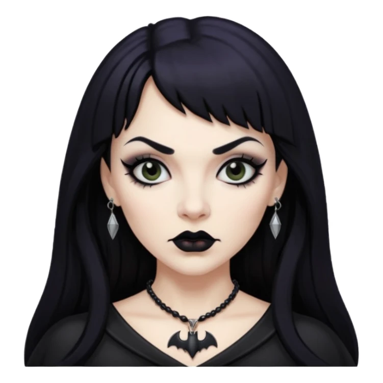 vampira mulher branca com cabelo preto longo com franja na testa, sobrancelha grossa e lábios com batom preto com colar preto e pingente de morcego preto sticker