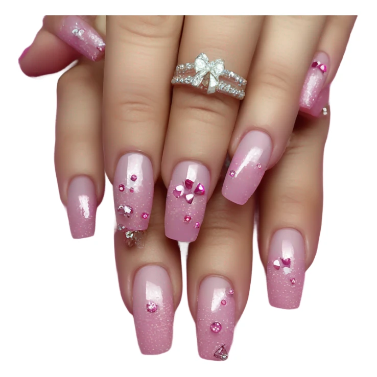 pink hype realistic acrylic nails with pink bows and diamonds sticker
