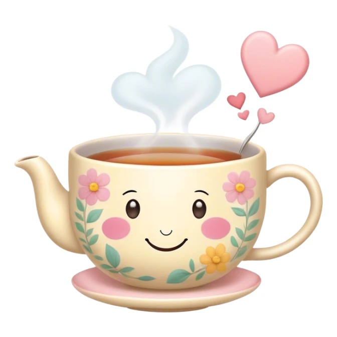 Cute Kawaii Tea Cup, steaming with warmth, a charming smiling face, soft pastel tones, delicate floral patterns, a tiny heart-shaped tea bag tag, cozy and inviting! sticker