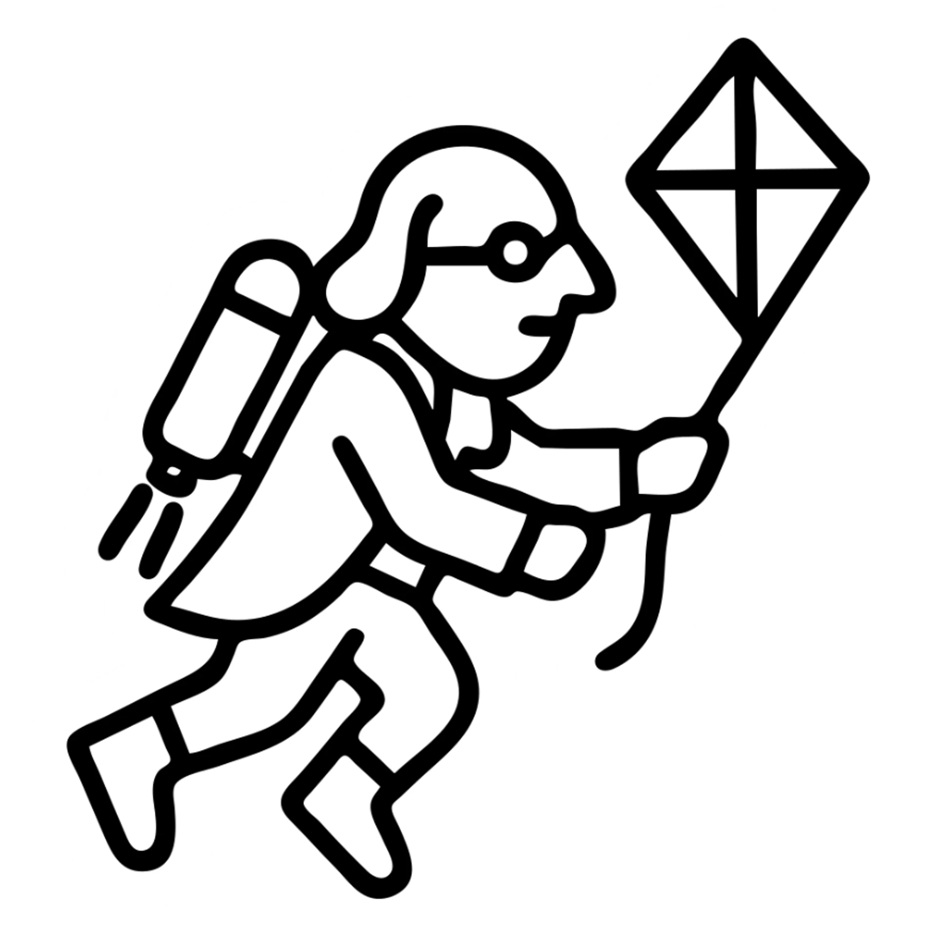 Ben Franklin flying with a jetpack and holding a diamond kite, clean modern outline, no fill sticker
