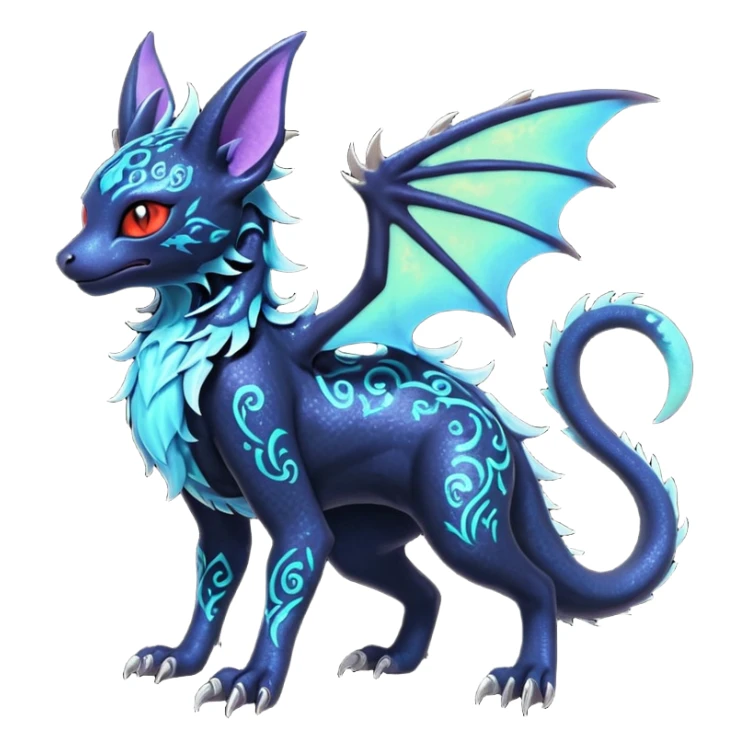 Shiny Fiery Dark Ugly Evil Realistic Glowing Eldritch Horror Cool Edgy Badass Emo Glorious Demonic Batty Dusky Ethereal Sparkly Shimmering Magical Punky Aural Iridescent Fluorescent Bioluminescent Litten-Amaura-Salandit-Noibat-Flareon-Fakémon-fusion (full body) with intricate pattern markings sticker