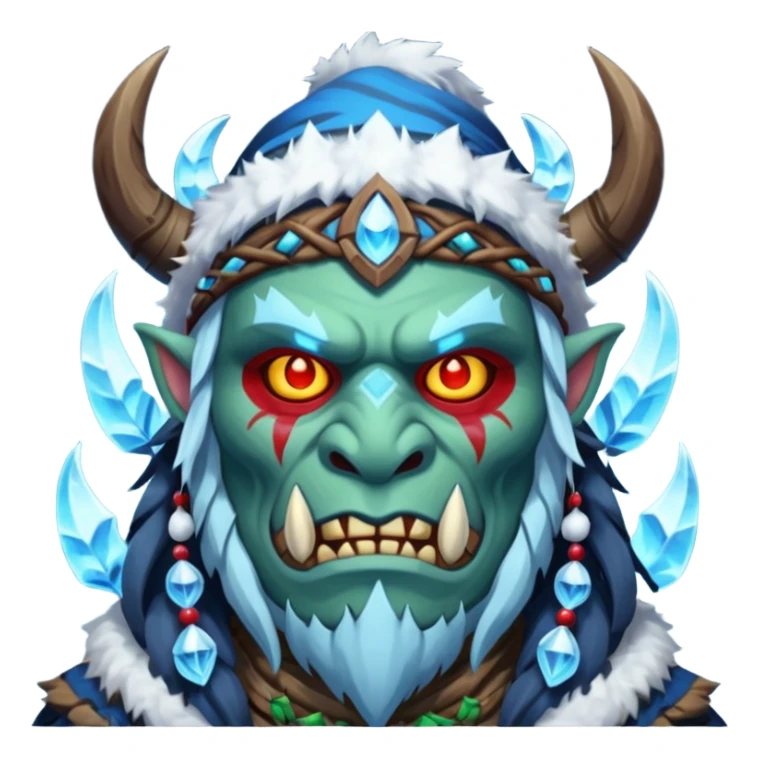 Fantasy Christmas orc shaman icon, ice spirit magic theme, glowing runes, winter tribal mask elements, mystical cold atmosphere, emoji sized portrait, male/female variant sticker