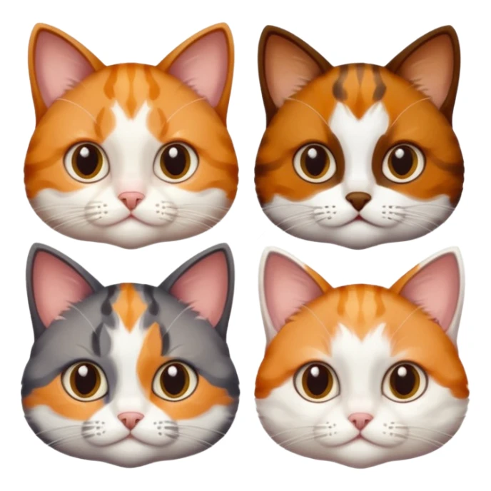 3 different coloured small cats including a dark brown tabby and white, and a patchy calico, and a ginger and white sticker