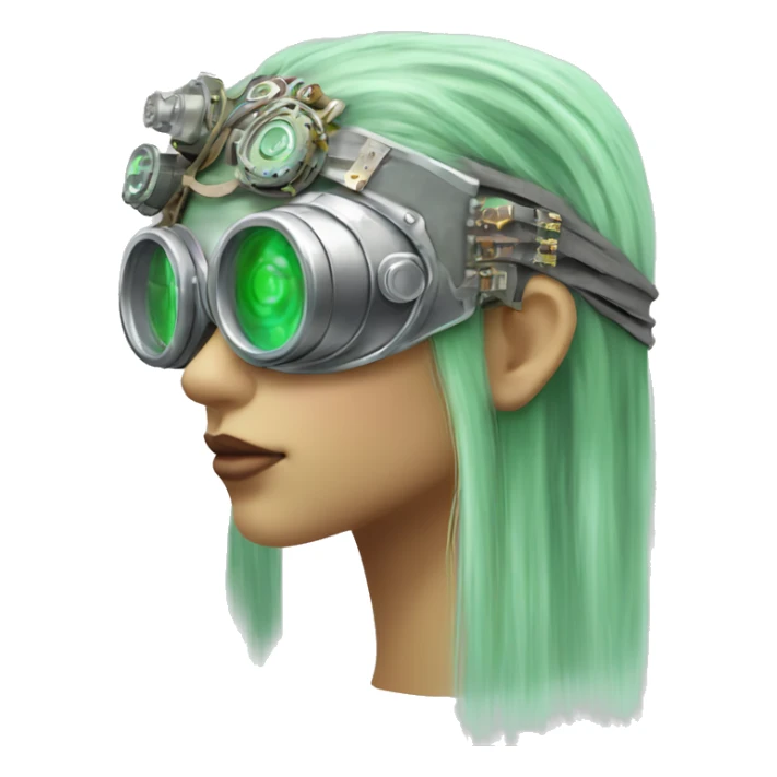 Light green long hair female cyborg head with silver steampunk goggles as a headband, circuits sticker