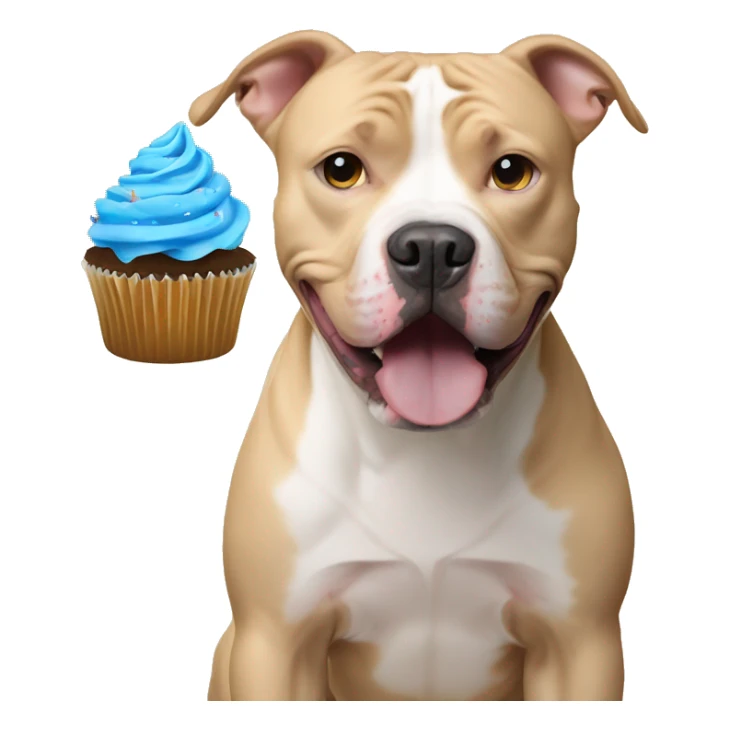 Pitbull with blue eyes and blonde fur with cupcake sticker